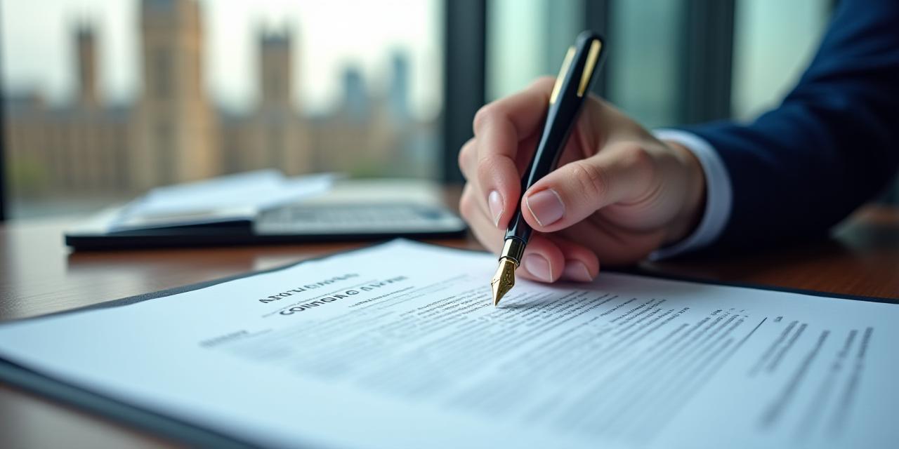 Close up of a legal professional reviewing contractual documents in a bright London office