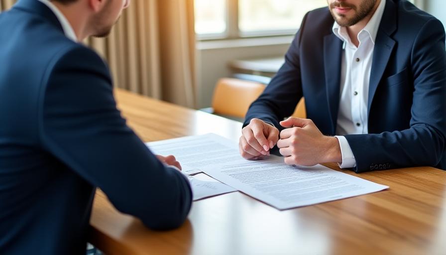 Two professionals discussing a contract across a modern wooden desk